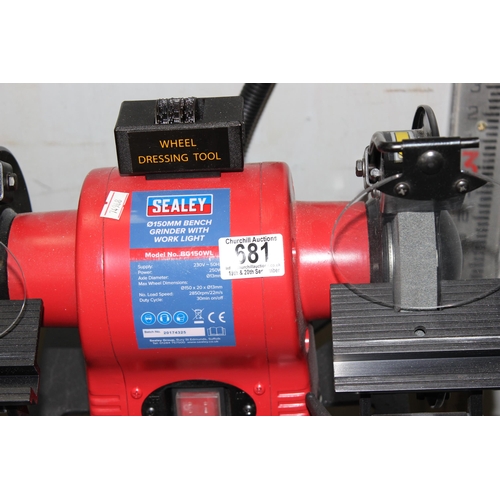 681 - Sealey BG150WL double grinding wheel with lamp on wheeled base