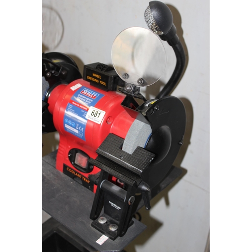 681 - Sealey BG150WL double grinding wheel with lamp on wheeled base