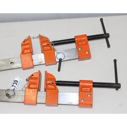 739 - 2 orange sash clamps, approx 80cm long