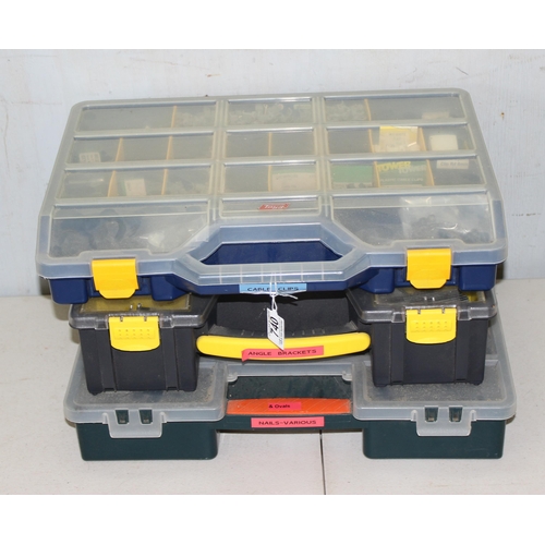 740 - 3 various tool cases and contents, cable clips, angle brackets & various nails