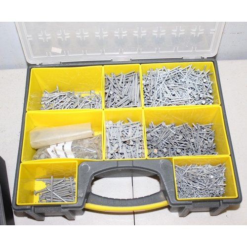 747 - 3 tool cases and contents, galvanised nails, hinges & door furniture