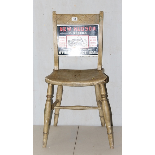 63 - Antique Oxford chair with inset advertising sign for New Hudson motorcycles