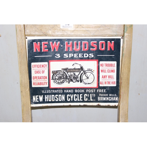 63 - Antique Oxford chair with inset advertising sign for New Hudson motorcycles