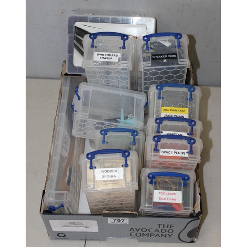 797 - 12 boxes of misc. to incl speaker wire and test leads