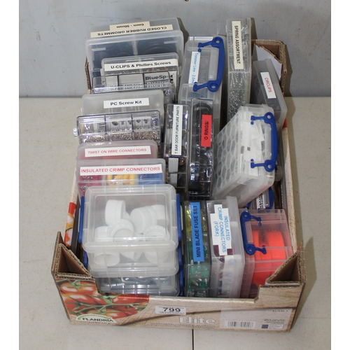 799 - 24 tubs of various tool items to incl. crimp connectors, O-Rings, assorted springs etc