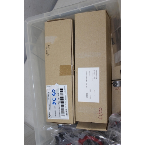 804 - 3 tubs of various items to incl. Dyson DC40 spare parts, various tubing and rope pieces