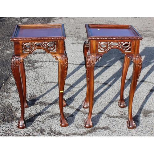 101 - A pair of impressive antique style carved mahogany jardiniere or lamp tables, approx 85cm tall x 45c... 