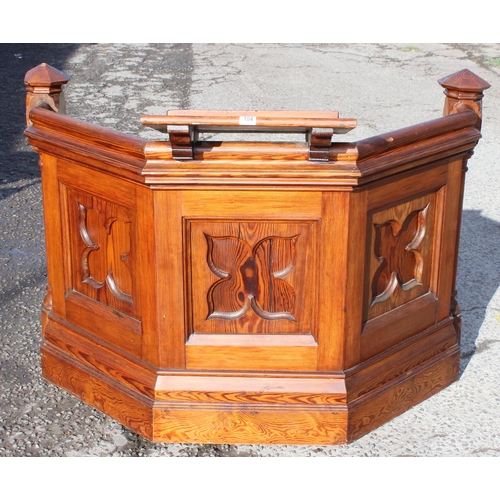 104 - An antique pitch pine church pulpit with carved details, likely 19th century, approx 140cm wide