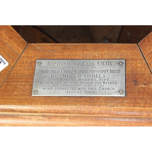 105 - A carved oak church font with silver plaque, likely Scottish in origin, approx 100cm tall