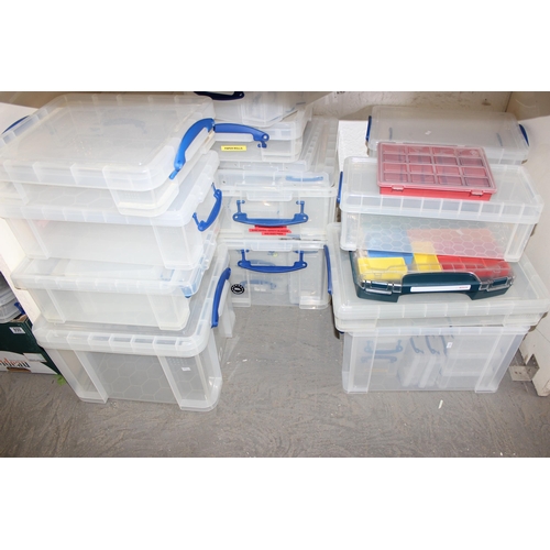 1700 - A huge qty of empty plastic storage boxes, many with lids, large variety of sizes, the whole of bay ... 