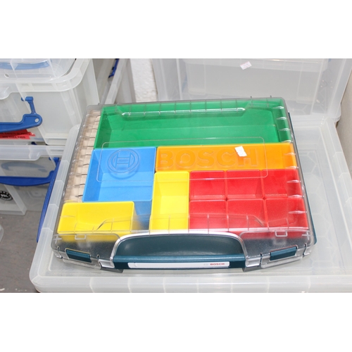 1700 - A huge qty of empty plastic storage boxes, many with lids, large variety of sizes, the whole of bay ... 