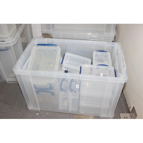 1700 - A huge qty of empty plastic storage boxes, many with lids, large variety of sizes, the whole of bay ... 