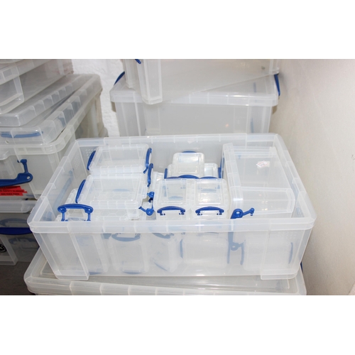 1700 - A huge qty of empty plastic storage boxes, many with lids, large variety of sizes, the whole of bay ... 