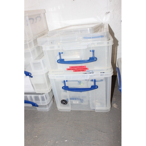 1700 - A huge qty of empty plastic storage boxes, many with lids, large variety of sizes, the whole of bay ... 