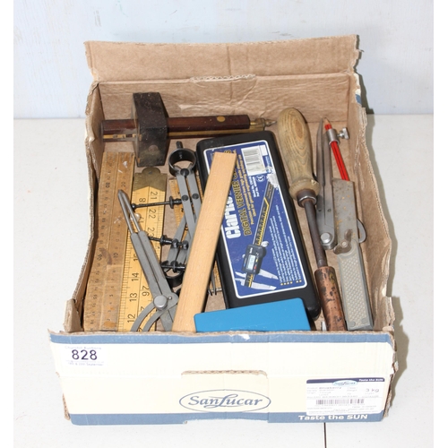 828 - Qty of wooden rulers and other measuring items etc etc