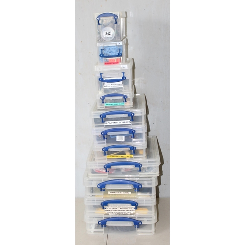 842 - 10 clear plastic storage boxes and various misc tool related contents