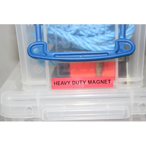 842 - 10 clear plastic storage boxes and various misc tool related contents