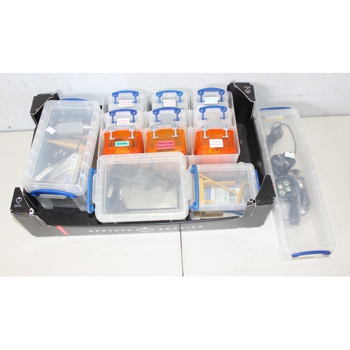 846 - 13 clear plastic storage boxes with various tool related contents