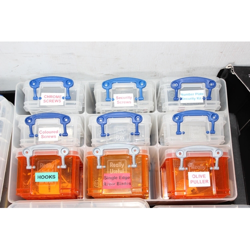 846 - 13 clear plastic storage boxes with various tool related contents