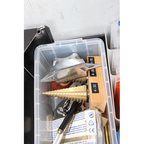 846 - 13 clear plastic storage boxes with various tool related contents