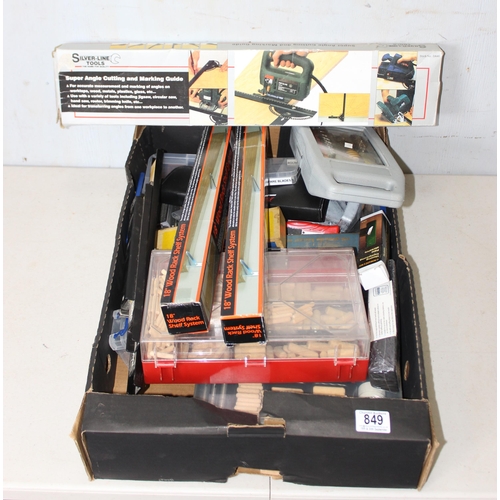 849 - Box of assorted tools and garage odds