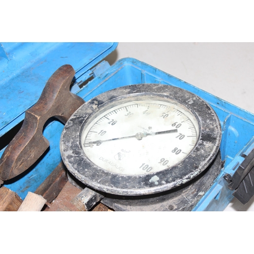 853 - Blue toolbox and contents to inc pressure gauge