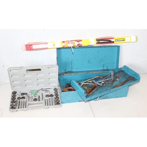 854 - Blue metal toolbox and contents & a tap and die set etc etc