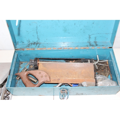 854 - Blue metal toolbox and contents & a tap and die set etc etc