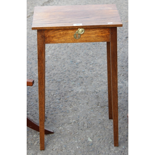 89 - A small oak table with brass fittings, modern hexagonal table and a low round topped oak table