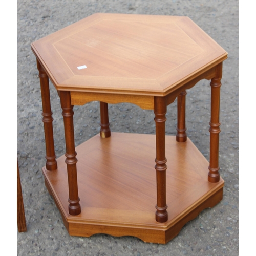 89 - A small oak table with brass fittings, modern hexagonal table and a low round topped oak table