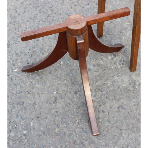 89 - A small oak table with brass fittings, modern hexagonal table and a low round topped oak table