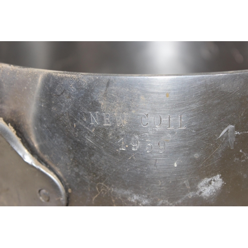 1701 - A large vintage stainless steel sauce pan from New College, Oxford dated 1959