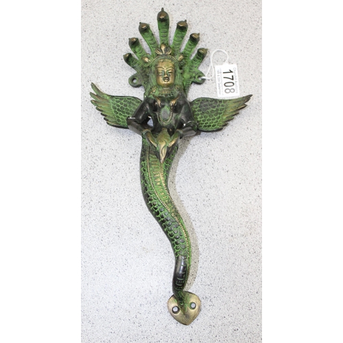 1708 - A vintage Indian bronze door handle formed as a deity, Manasa - Queen of Snakes, likely 20th century