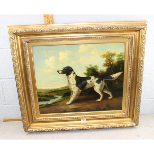 303 - A large antique style oil on canvas of a Long Haired Pointer dog in impressive gilt frame, unsigned