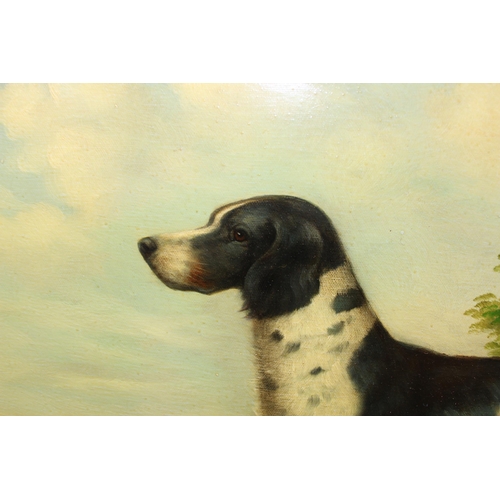 303 - A large antique style oil on canvas of a Long Haired Pointer dog in impressive gilt frame, unsigned