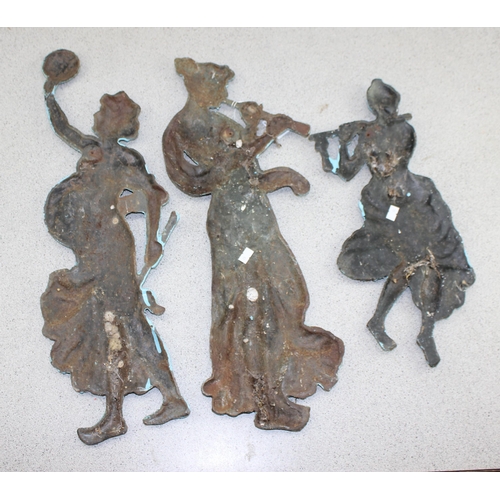 1719 - A trio of unusual antique painted cast iron wall plaques depicting classical female figures, the lar... 