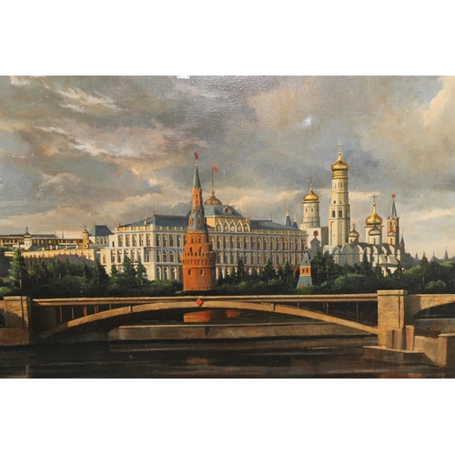 325 - Russian School, a large oil on canvas landscape depicting the Kremlin from across the Moskova river,... 