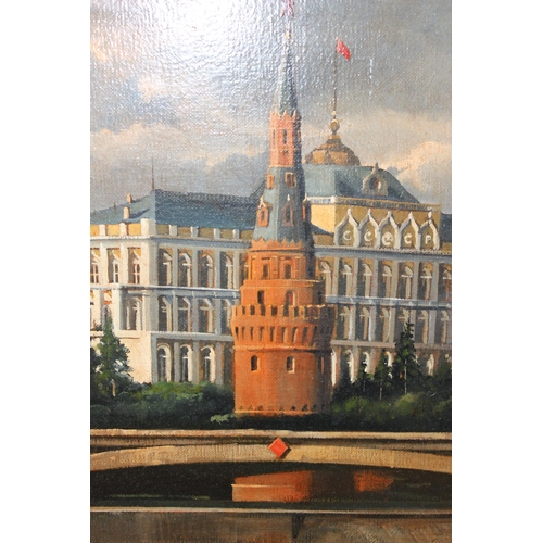 325 - Russian School, a large oil on canvas landscape depicting the Kremlin from across the Moskova river,... 