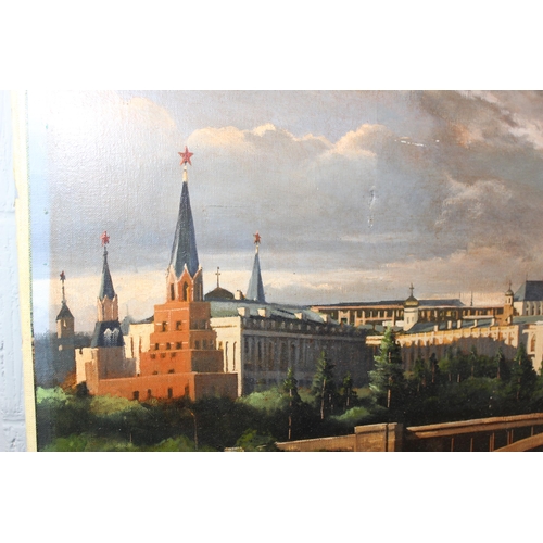 325 - Russian School, a large oil on canvas landscape depicting the Kremlin from across the Moskova river,... 