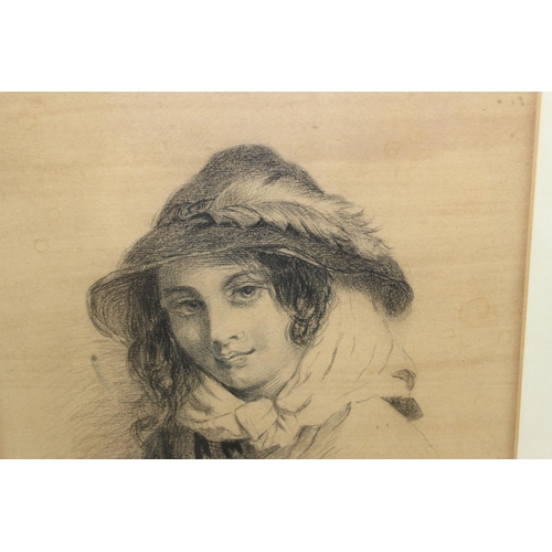 331 - Antique pencil drawing of a girl with playing cards, unsigned but likely 19th century, in gilt frame