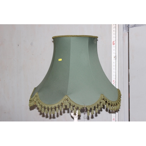 198 - A vintage white painted wooden standard lamp with green shade