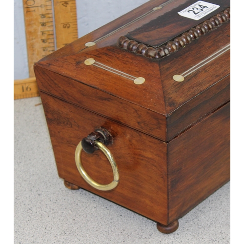 234 - Antique rosewood tea caddy with mother of pearl inlay