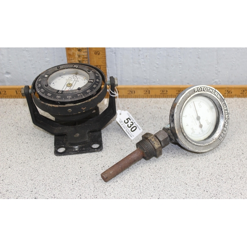 530 - Vintage Rototherm Thermometer and a Silva gimbled compass (af) (2)