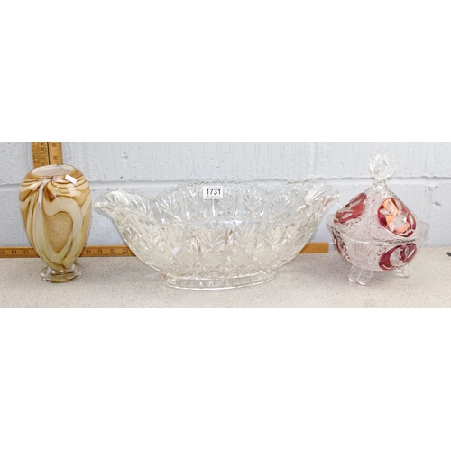 1731 - A large glass bowl, a named glass vase and a ruby flash power bowl with lid (3)