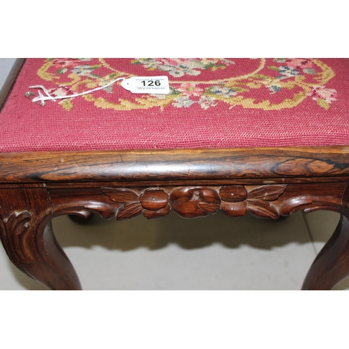 126 - Antique Rosewood stool with tapestry top