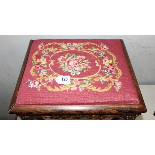 126 - Antique Rosewood stool with tapestry top