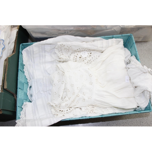 157 - 2 boxes of assorted linen and lace items, Christening gowns etc, some likely 19th century