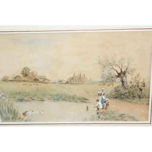 338 - An antique gilt framed watercolour of children playing near a pond with ducks