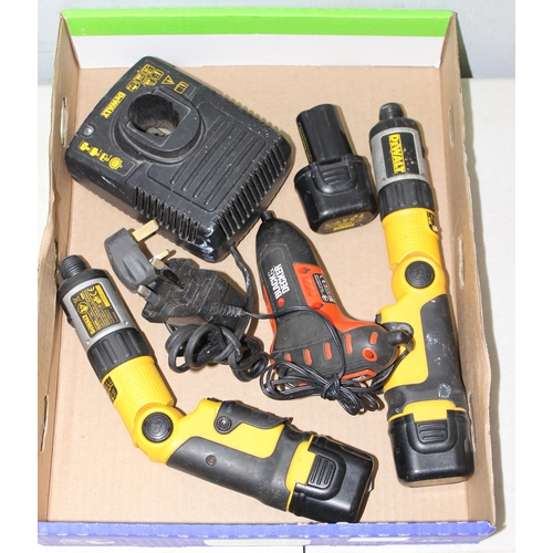 913 - 2 Dewalt DC600 electric screwdrivers, charger & 3 batteries & another electric screwdriver