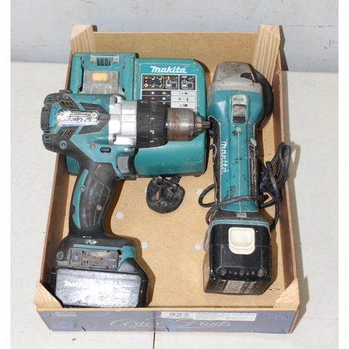 923 - Makita drill & angle grinder, battery and chargers